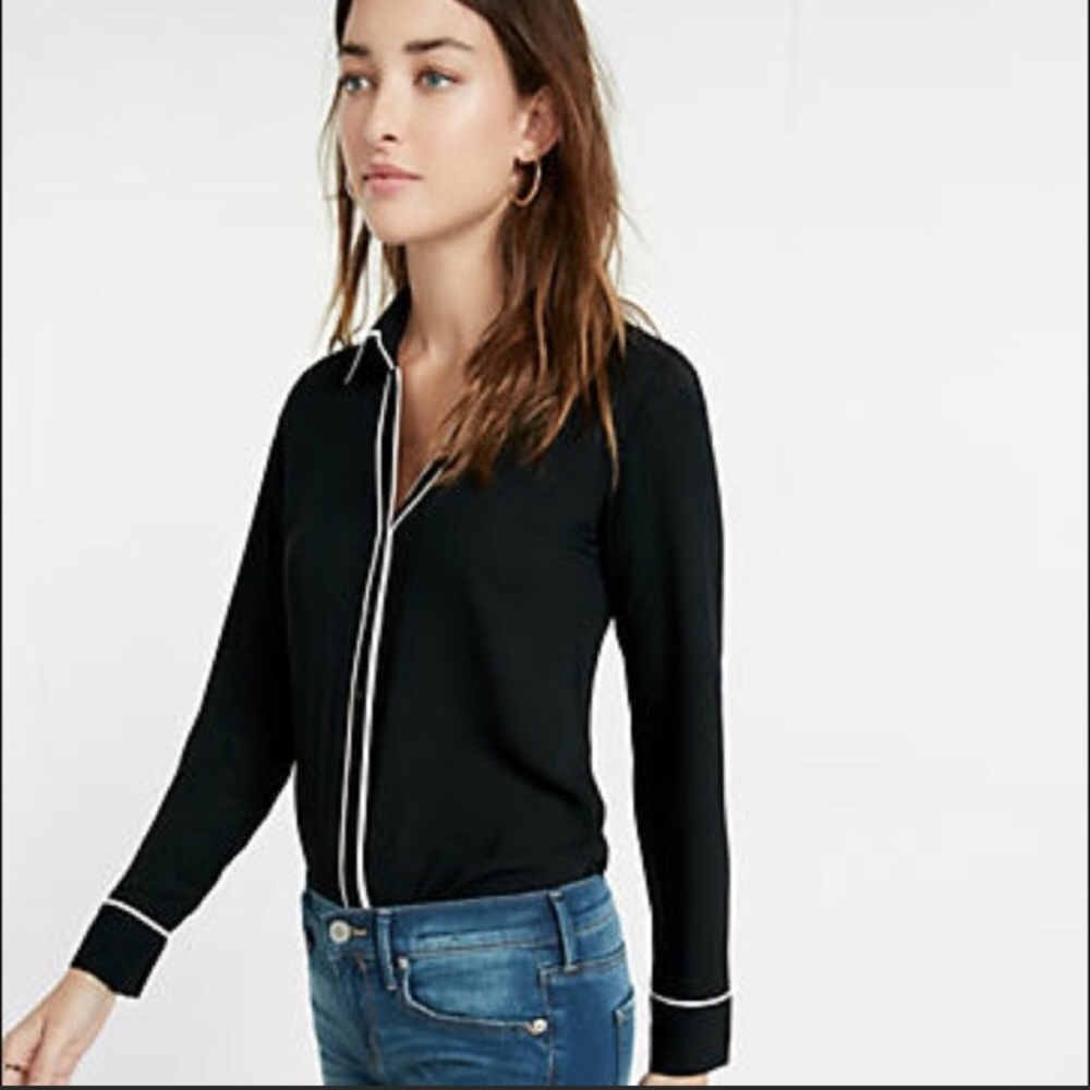 Express Black Piped Portofino Button Up Shirt